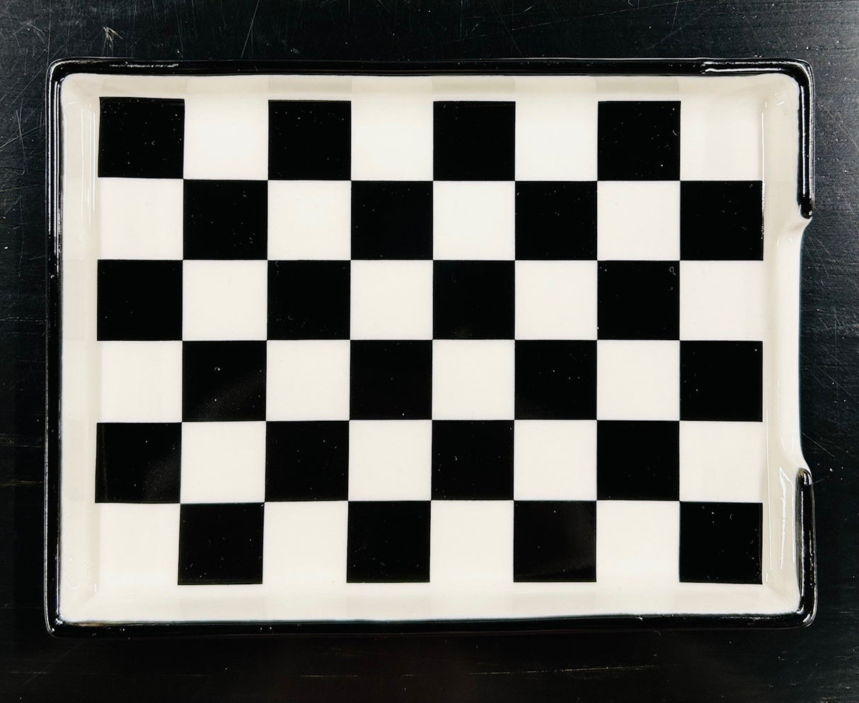 Large Checkered Black & White Ceramic Spoon Rest