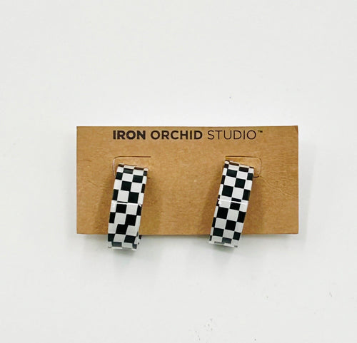 1" Checkered Black & White Hoop Pierced Ear Rings