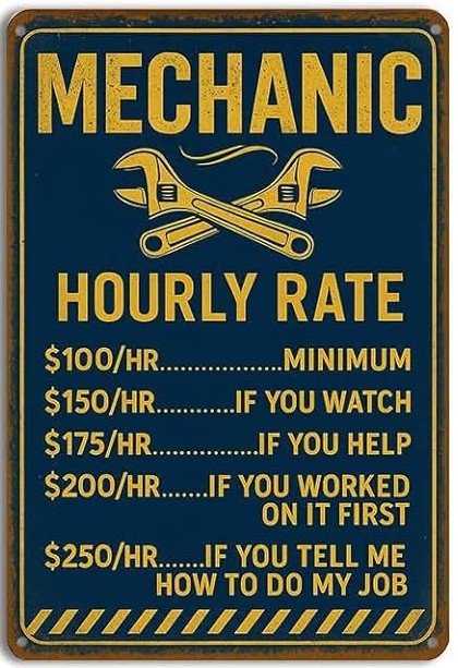 Mechanic Hourly Rate Sign